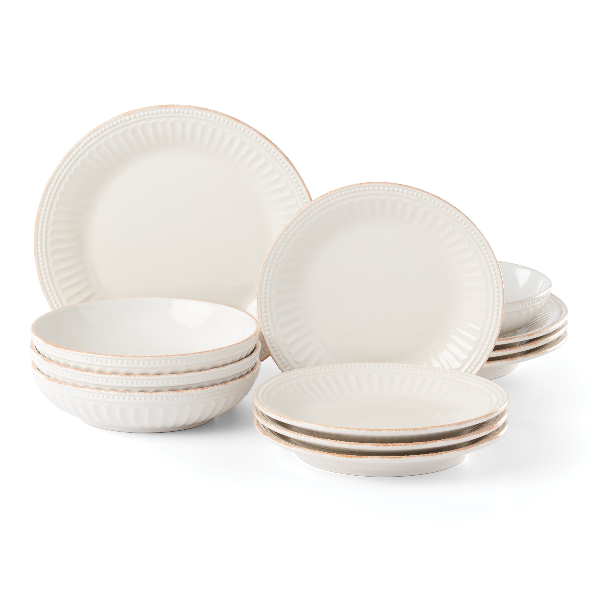 White Beaded Groove Dinnerware Set, 12-Piece