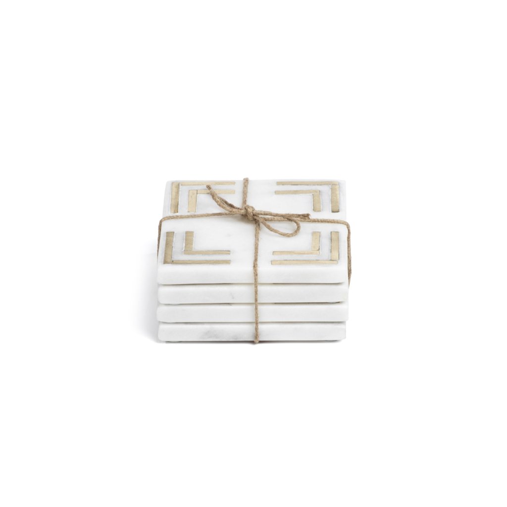 White Marble Square Coasters with Brass Inlay - Set of 4 - Image 3
