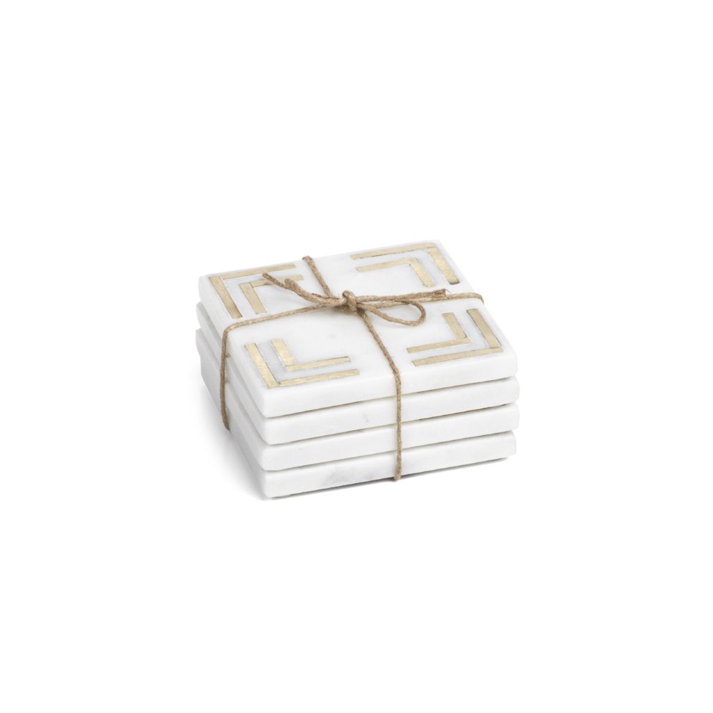 White Marble Square Coasters with Brass Inlay - Set of 4 - Image 4