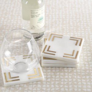 White Marble Square Coasters with Brass Inlay - Set of 4