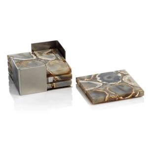 Taupe and Brown Agate Coasters with Metal Tray - Set of 4