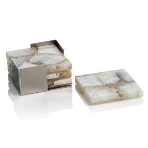 Taupe and White Agate Coasters with Metal Tray - Set of 4
