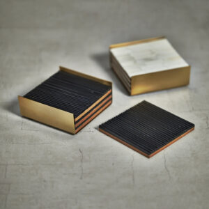 Ribbed Bone Coasters with Brass Tray - Set of 4