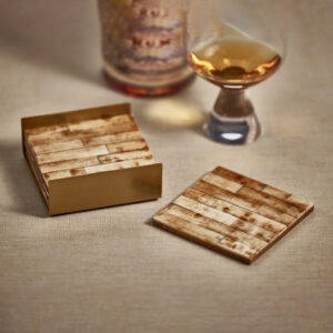Antique Bone Coasters with Metal Tray - Set of 4