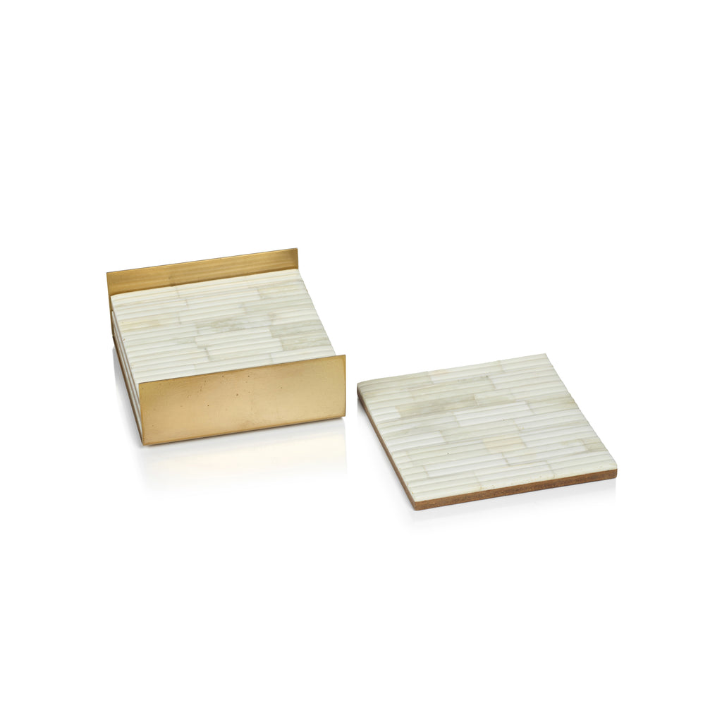 Ribbed Bone Coasters with Brass Tray - Set of 4 - Image 2