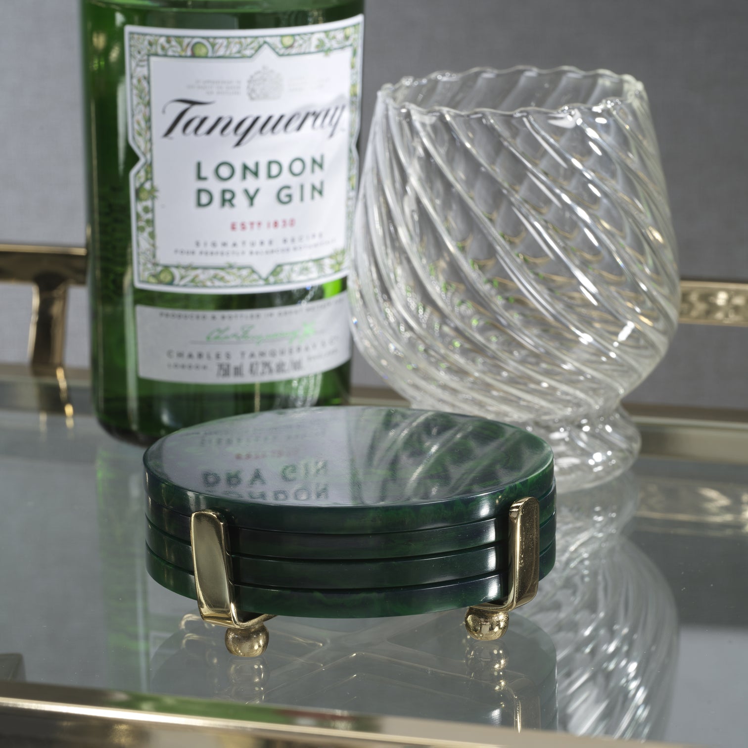 Green Marble Coasters with Gold Stand - Set of 4 - Image 3