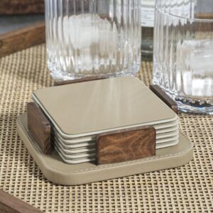 Cappuccino Leather and Burl Veneer Coasters - Set of 6