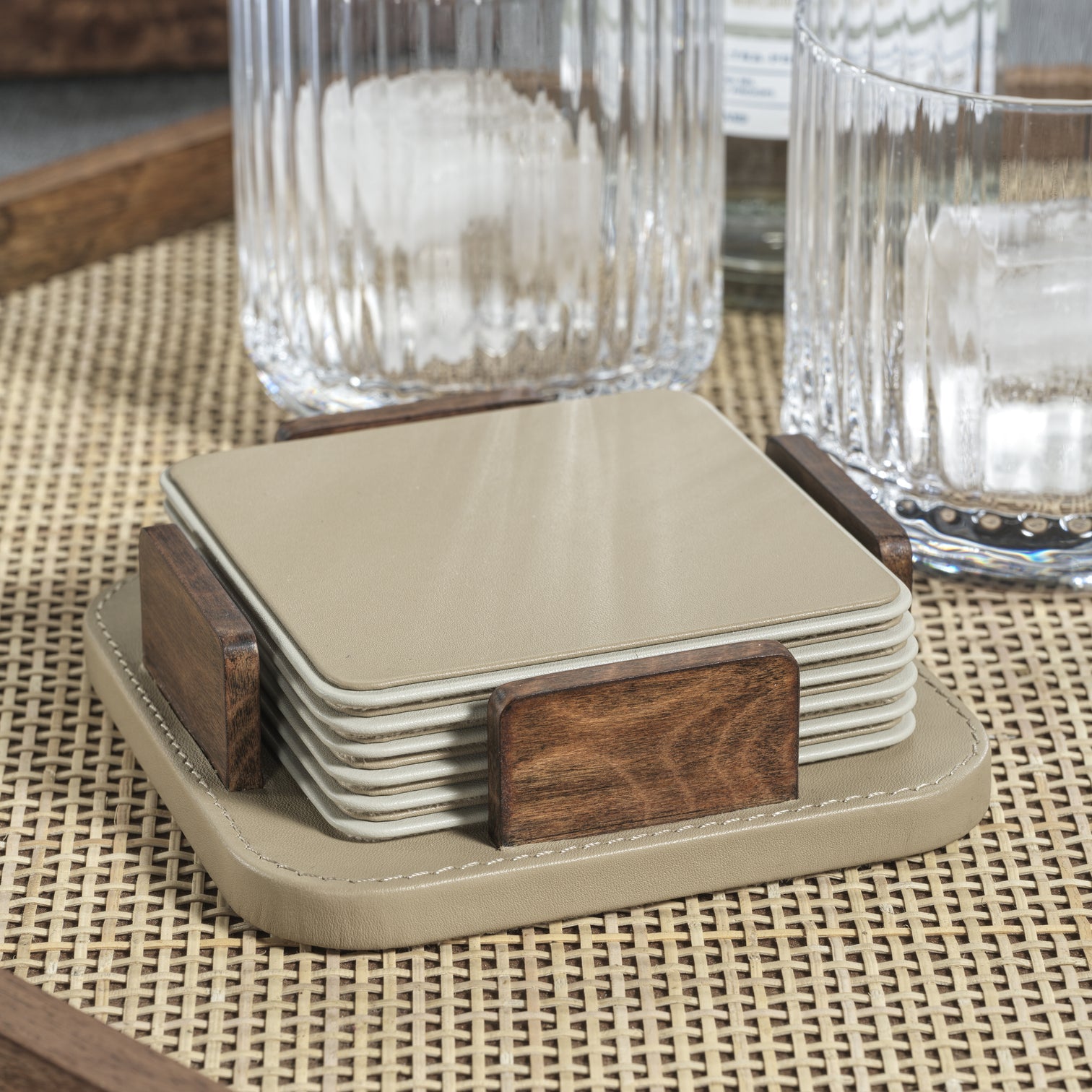 Cappuccino Leather and Burl Veneer Coasters - Set of 6