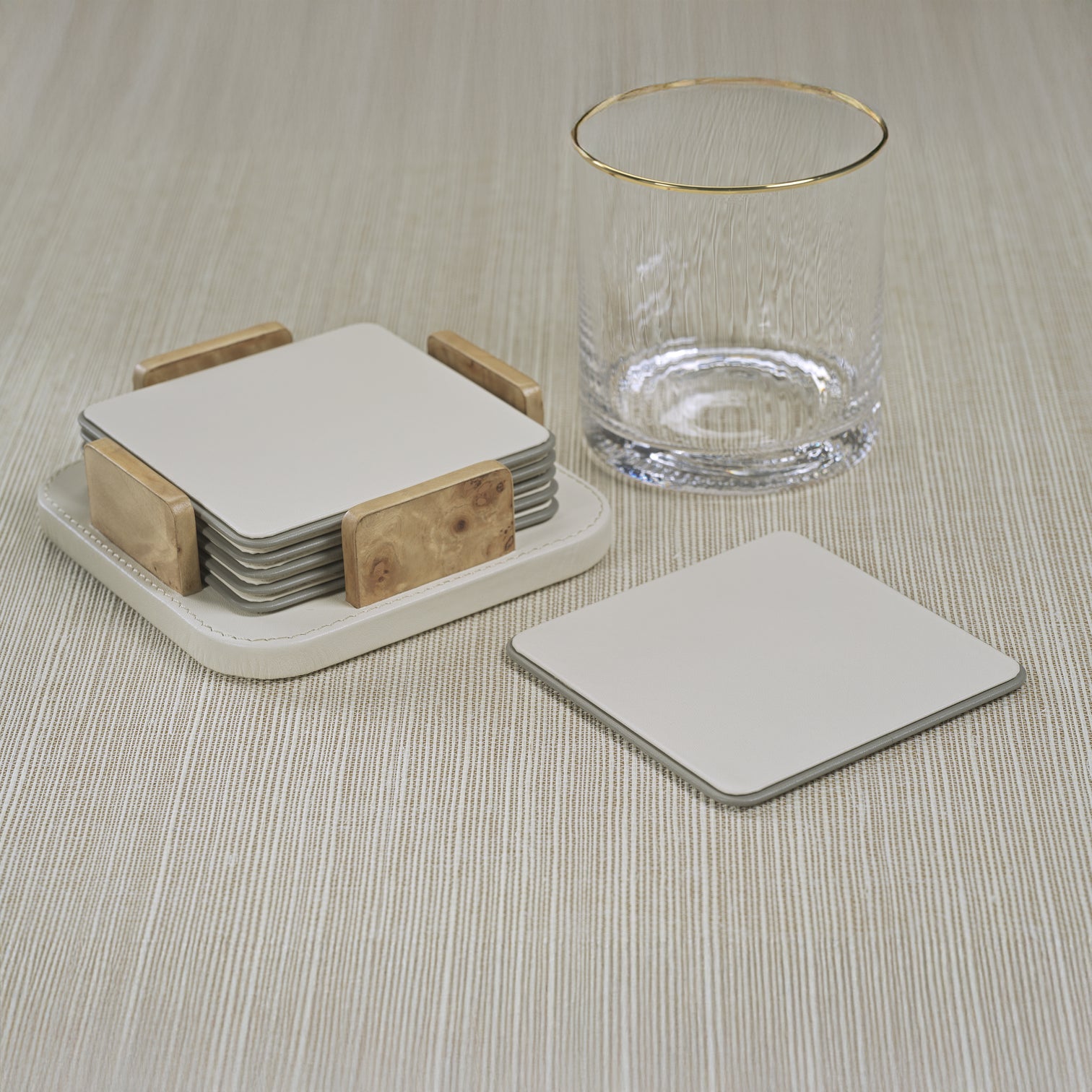 Ivory Leather and Burl Veneer Coasters - Set of 6