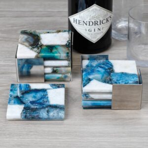 Blue and White Agate Coasters with Metal Tray - Set of 4